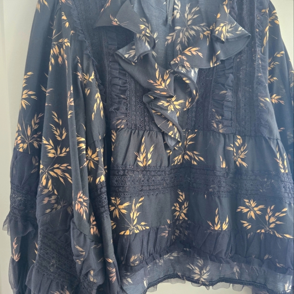 Anthropologie Flower Ruffle Black Blouse